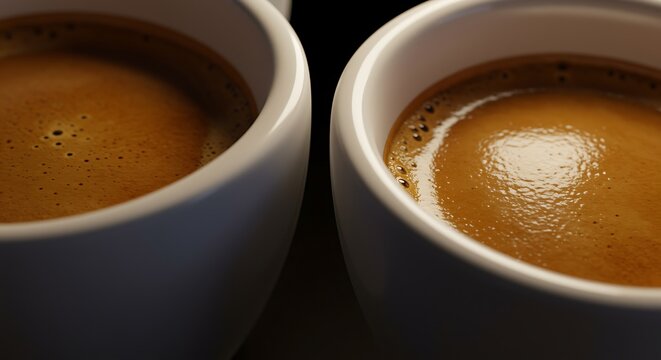 Two cups of fresh espresso coffee close up with crema and delicious aroma inviting and comforting break perfect for coffee lovers