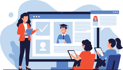 Teacher guides students on digital learning platform, fostering education growth