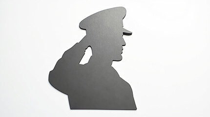 Silhouette of a soldier in a saluting pose, isolated on white background, symbolizing respect, honor, and military service, a tribute to veterans and their commitment to freedom