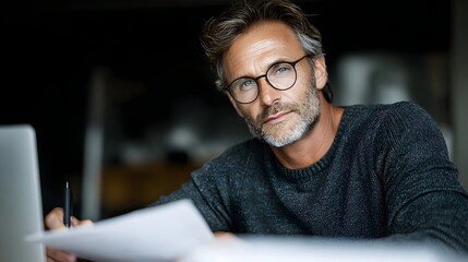 Middle aged businessman reviewing pension investment plan in a casual office setting