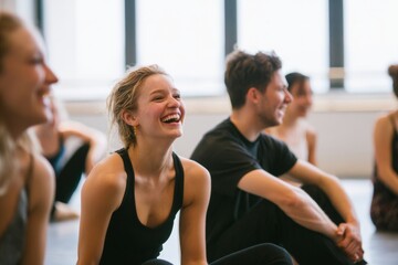 In a well-lit studio, dancers share moments of joy as they stretch and laugh together on the floor. The atmosphere is lively, reflecting their camaraderie and dedication to dance