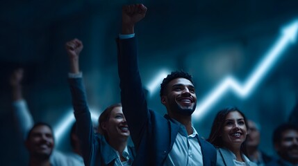 Energetic business team celebrating financial growth with a graph