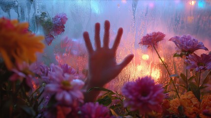 Fototapeta premium Hand reaching through glass with flowers, evoking longing, connection, and a sense of beauty