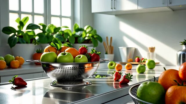 Fresh colorful fruits in metal colander placed on kitchen counter with green plants and sunlight through window