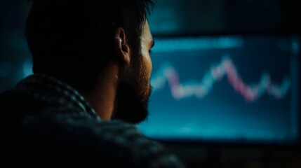 Investor intently monitoring market data on a screen in a darkened room