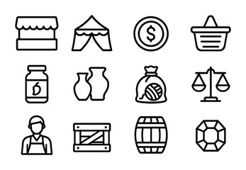 Trade Fair Icons. Outline icon set of trade fairs and markets: market stall, tent, coin, basket, spice jar,