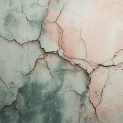 Obraz premium Cracked wall surface exposing decaying plaster, revealing textural urban decay with muted green-pink patina