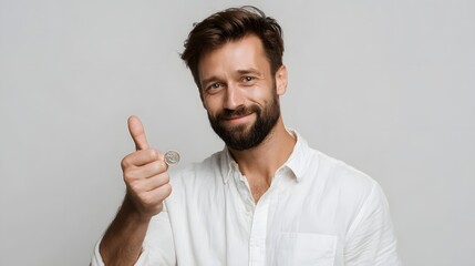 A confident man holds a coin and shows a thumbs up gesture  long title A well dressed smiling man confidently holds a coin in one hand and gives a