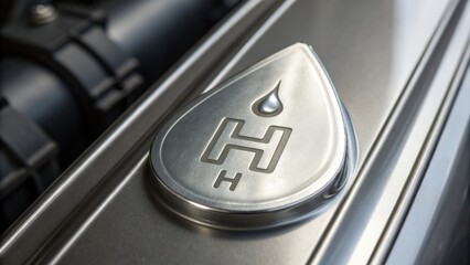 Green Hydrogen Productionc Hydrogen fuel cell emblem on a metallic surface, symbolizing clean energy technology.