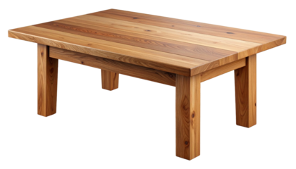 Wooden table in perspective view, featuring a brown timber board surface. Realistic 3D vector illustration of a tabletop, perfect as an interior design element. Isolated on a transparent background.
