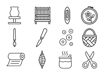 Craft Icon Collection. Outline icon set of traditional craft demonstrations: pottery wheel, loom, weaving