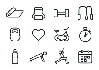 Home Workout Icons. Outline icon set of home workout plans: yoga mat, resistance band, dumbbell, jump rope,