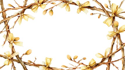 Delicate watercolor wreath of emerging spring buds and twigs on a white background