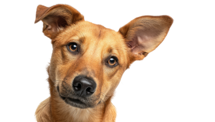 Close-up of a curious dog's head.  The light-brown dog has large, attentive eyes, and its head is tilted slightly to the side, giving a questioning expression.  Its ears are perked up