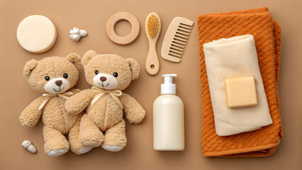 Adorable teddy bears and essential baby bath time accessories laid out flat