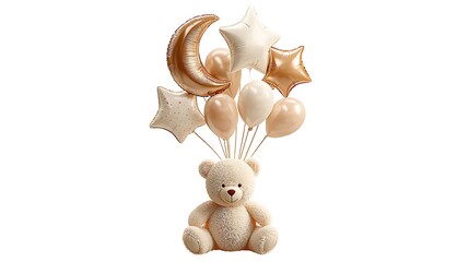 Adorable teddy bear tied to a celestial bouquet of rose gold and cream balloons