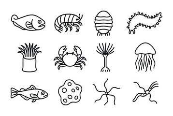 Deep Sea Icons Grid. Outline icon set of trench-dwelling organisms: hadal snailfish, amphipod, giant isopod,
