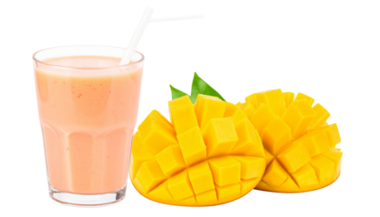 Glass of fresh mango juice with a tropical mango smoothie, isolated on a transparent background. a PNG file.
