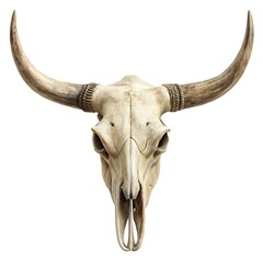 Front view of an animal skull with horns isolated on white background