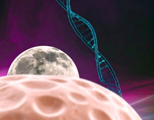 Futuristic DNA helix floats above glowing moon and textured sphere in cosmic science art.