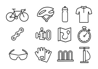 Cycling Essentials Icons. Outline icon set of cycling sport: road bike, helmet, water bottle, cycling jersey,