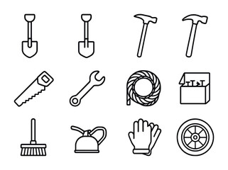 Barnyard Tool Icons. Outline icon set of barnyard maintenance tools: shovel, spade, hoe, hammer, saw, wrench,