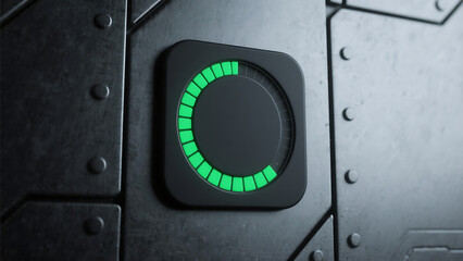 Futuristic digital loading interface with glowing green progress circle indicator on dark metallic background, technology concept