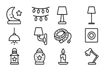 Children's Room Lighting Icons. Outline icon set of children’s room lighting: night light, fairy lights, table