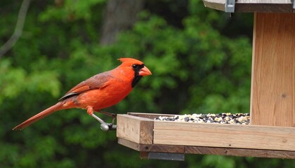 A vibrant red cardinal perches on a wooden bird feeder, feasting on a mix of seeds against a backdrop of lush green foliage.