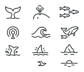 Whale Navigation Icons. Outline icon set of whale pod navigation: tail fluke, blowhole, sonar wave, fish