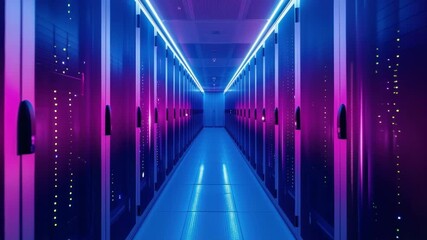 Futuristic server room with neon lights in pink and blue. Wide-angle shot captures the sleek, high-tech environment, ideal for tech-themed video content. Live desktop wallpaper. - Powered by Adobe
