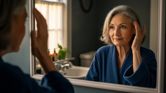 Older woman in robe looking at herself in the mirror, touching her face
