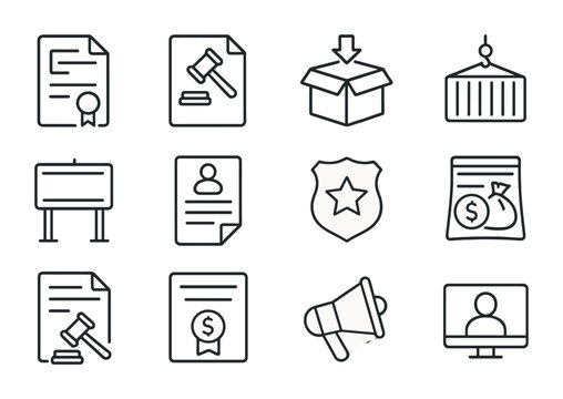 IP Enforcement Icons. Outline icon set of IP enforcement actions: cease and desist letter, raid warrant,