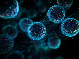 Abstract illustration of glowing cells in a dark environment.