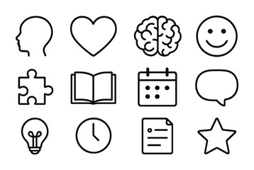 Youth Mental Health Icons. Outline icon set of youth mental health: child silhouette, heart, brain, smile face