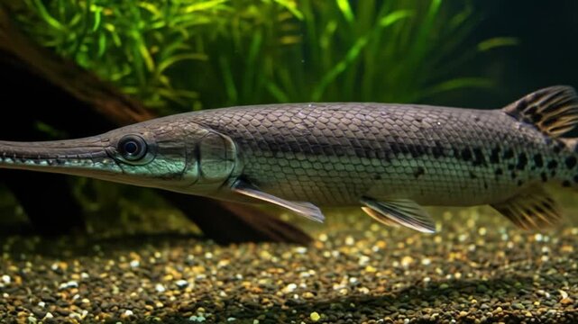 Fierce Alligator Gar Fish Swim in Freshwater Aquarium. AI video