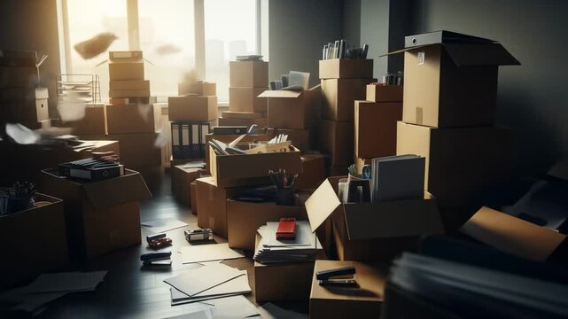 Packed room, boxes filled with files, supplies, papers, and office clutter