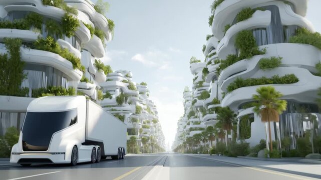 A transport truck navigates a futuristic city filled with greenery and innovative architecture, highlighting eco friendly urban design