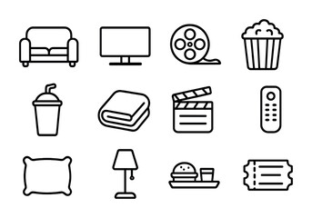 Classic Film Icon Set. Outline icon set of classic film marathon: couch, TV screen, film reel, popcorn bucket,