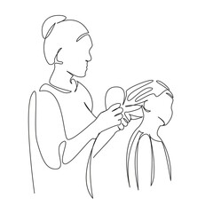 One continuous single drawing line art flat doodle mother, child, daughter, family, hair, girl, combing, care. Isolated image hand draw contour on a white background, hand drawn, not AI