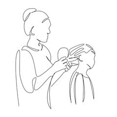 One continuous single drawing line art flat doodle mother, child, daughter, family, hair, girl, combing, care. Isolated image hand draw contour on a white background, hand drawn, not AI
