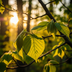 Obraz premium Bright Golden Hour Sunlight Through Forest Leaves
