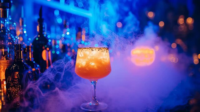 Mysterious halloween bar scene with glowing cocktails and foggy atmosphere