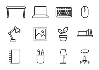Minimalist Office Icons. Outline icon set of minimalist home office design: clean desk, slim laptop, wireless
