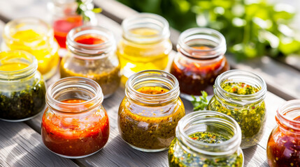 Variety of glass jars with assorted hot pepper and chilli sauces, copy space
