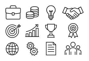 Business Achievement Icons. Outline icon set of small business achievements: briefcase, coins, lightbulb,