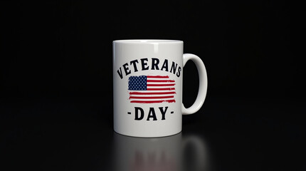 A white ceramic mug with the american flag and the words veterans day printed on it, a patriotic symbol to honor and remember the service of military veterans in the united states