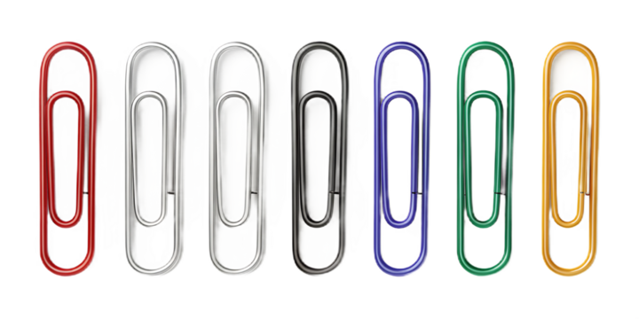 Row of colorful paper clips on black background office supplies and stationery for business and education concept