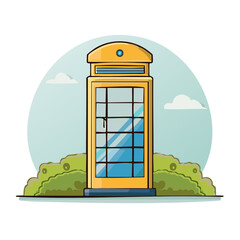 Illustrated Telephone Booth with Greenery and Cloudy Sky Cartoon Graphic