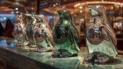 Elegant metallic penguin figurines gleam, lined up in a sophisticated venue with blurred lights bokeh